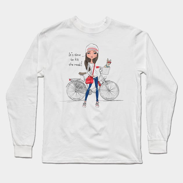 Hipster girl with bike and dog Long Sleeve T-Shirt by kavalenkava